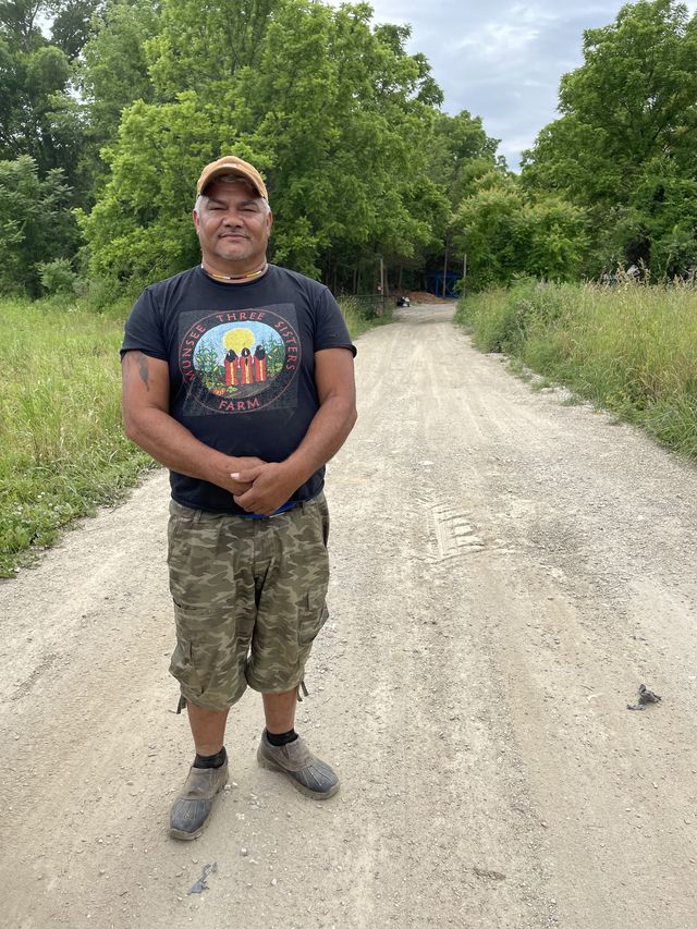 Turtle Clan Chief Vincent Mann stands at the entrance of the Munsee Three Sisters Medicinal Farm in Newton, N.J